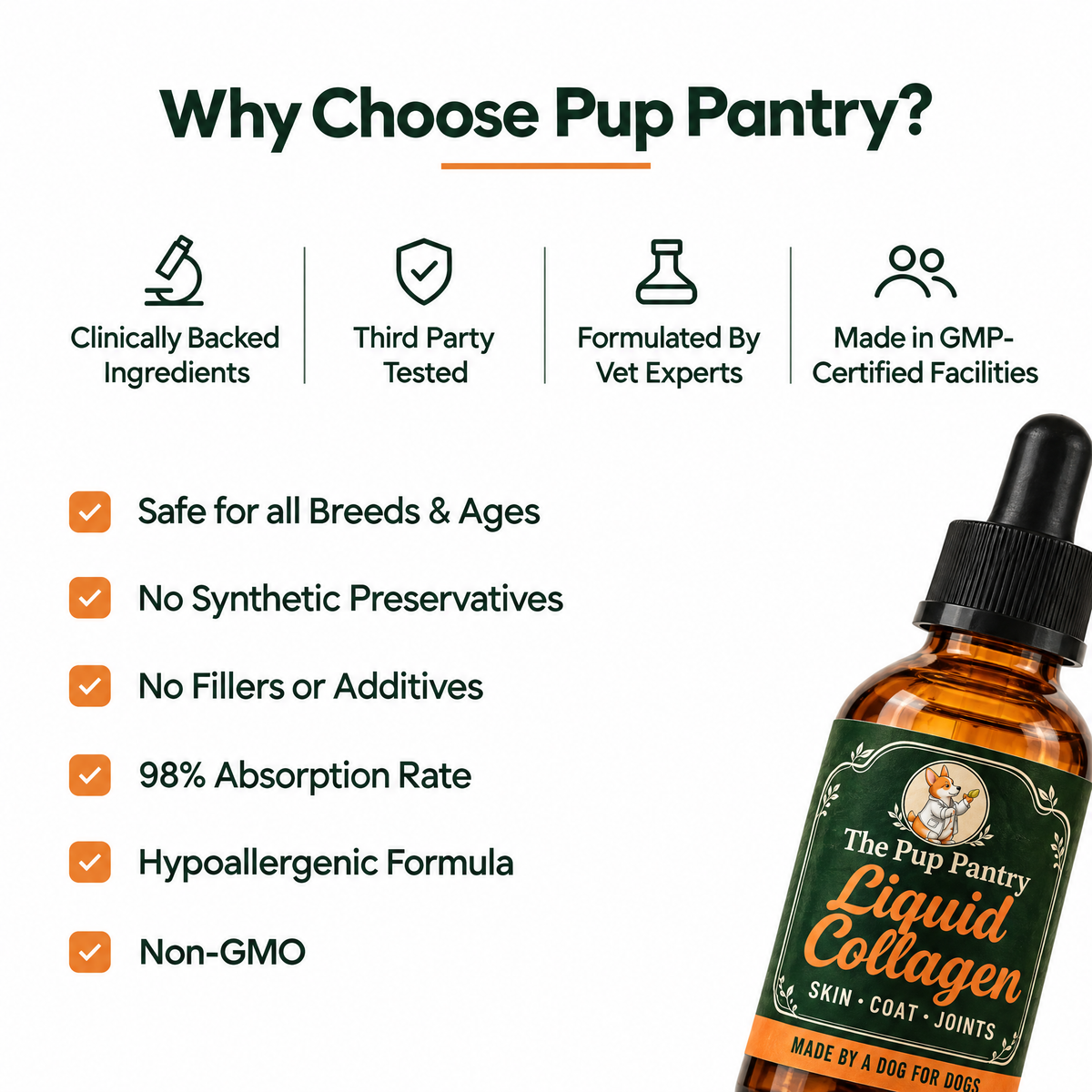 Why choose Pup Pantry Liquid Collagen: third party tested, made in GMP-certified facilities, non-GMO