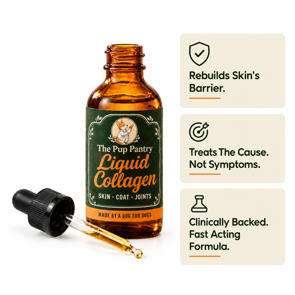 Pup Pantry Liquid Collagen Drops: rebuilds skin's barrier, treats the cause not symptoms, fast acting formula